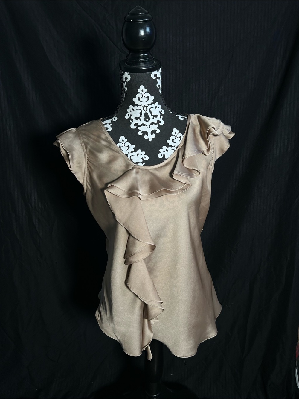 Signature by Larry Levine Taupe Ruffled Satin Blouse